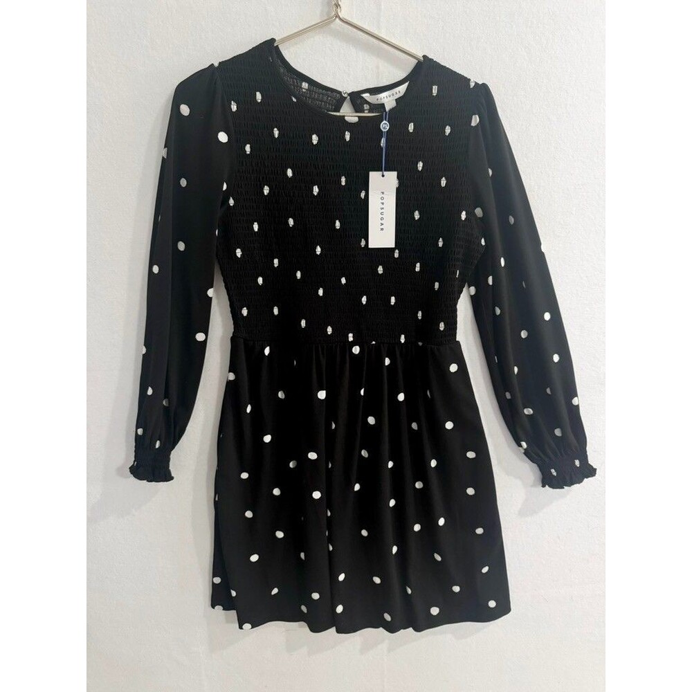 POPSUGAR Black Polka Dot Long Sleeve Smocked Mini Dress w/ Pockets Size M - NEW